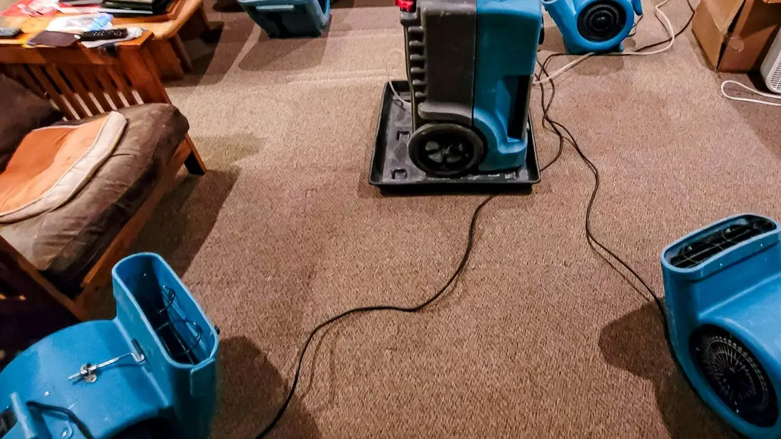 Air movers and a dehumidifier running on wet carpet