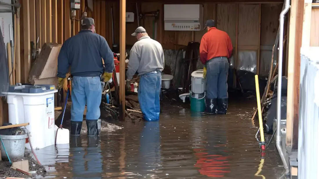 People wading through a flooded basement with buckets
