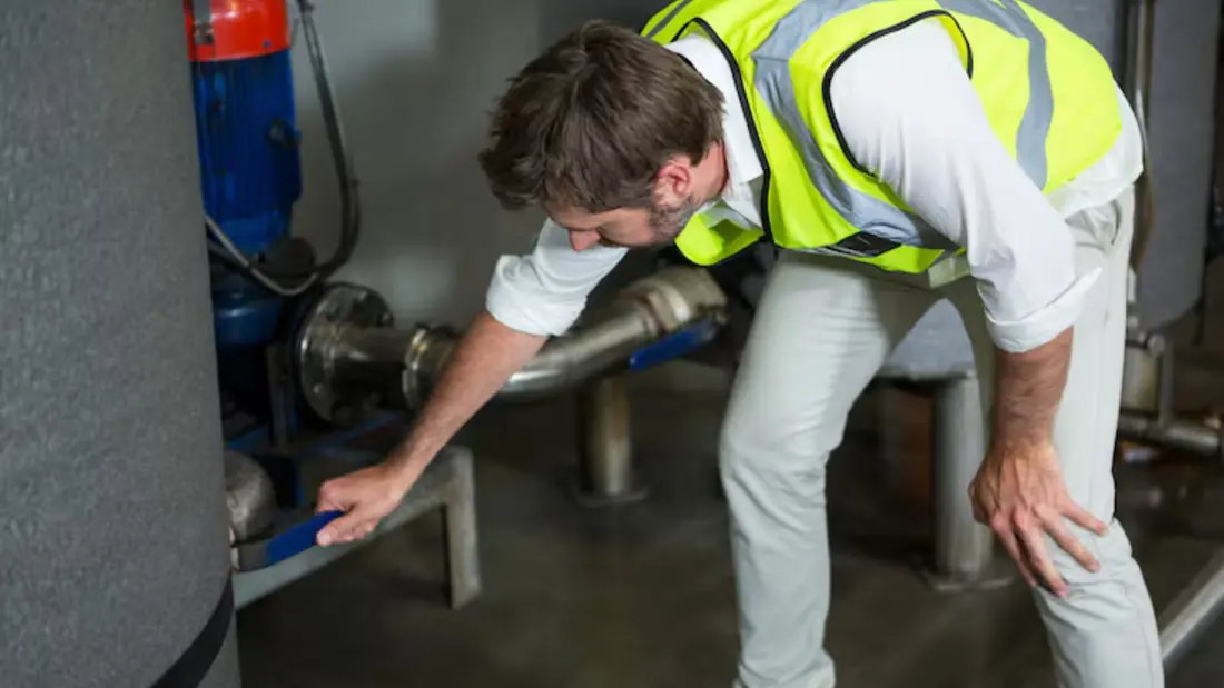 Technician in a safety vest checking a pump and piping in a utility room