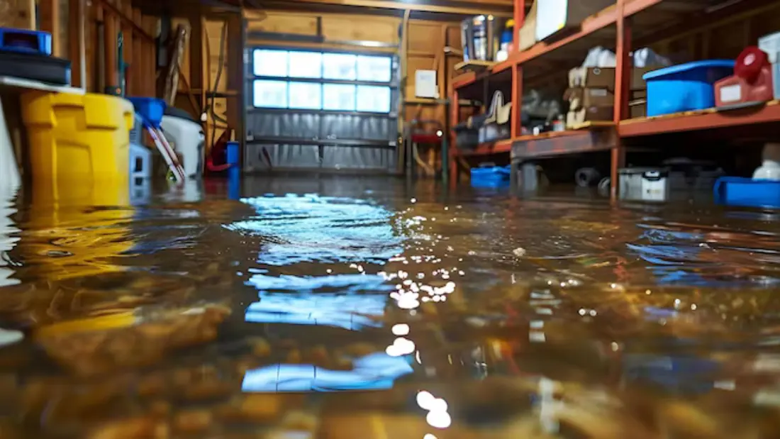 Water covering a garage floor with storage shelves behind