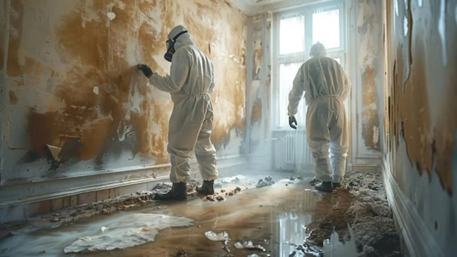 Worker in a protective suit inspecting a water-stained room with mold on the walls