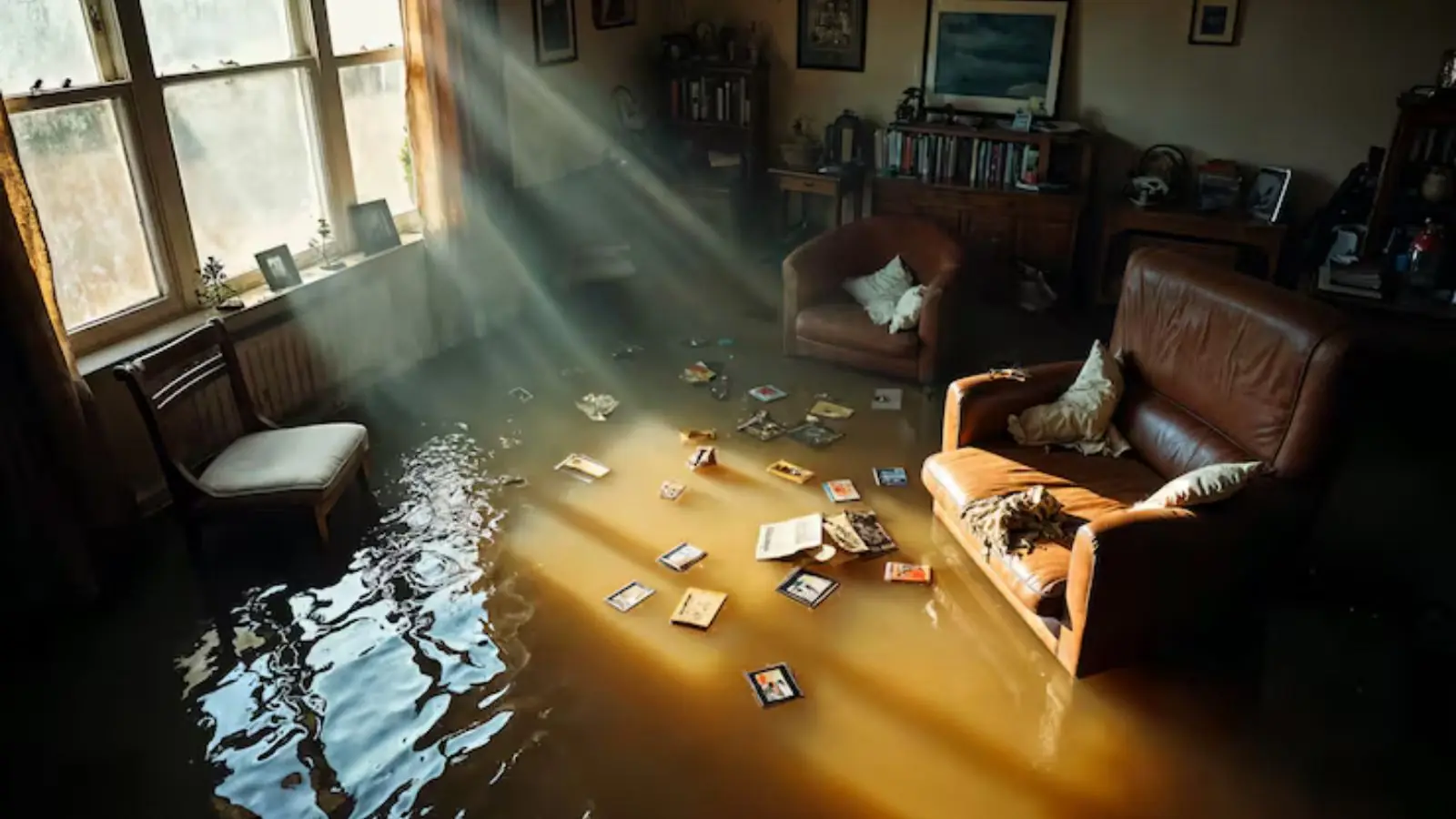 Flooded living room with papers and belongings floating on the water