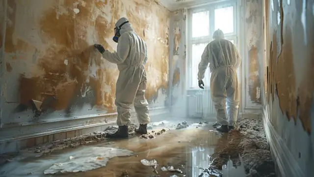 Worker in a protective suit inspecting a water-stained room with mold on the walls