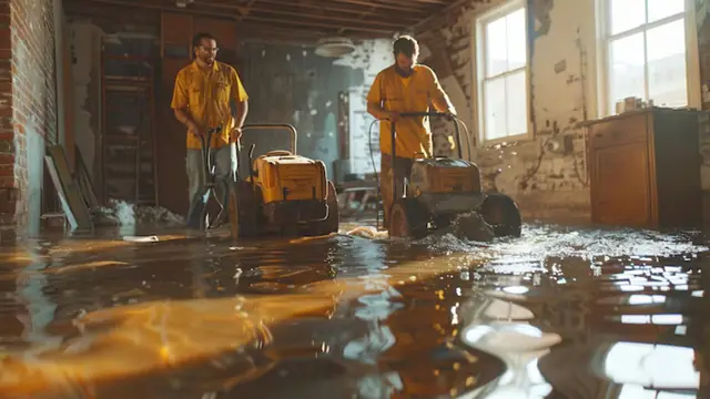Two workers running extraction machines across a flooded basement floor