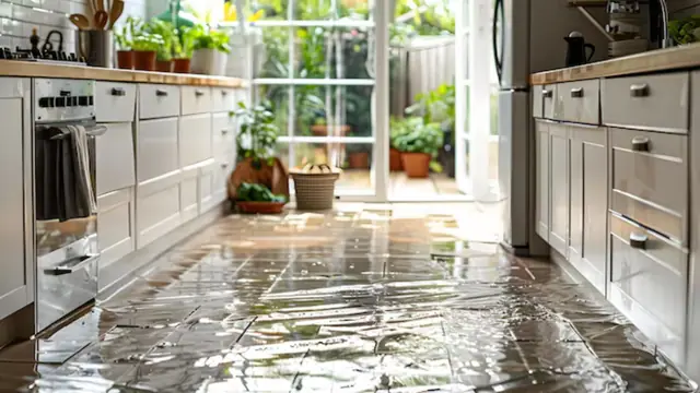 Kitchen floor covered in a thin layer of water